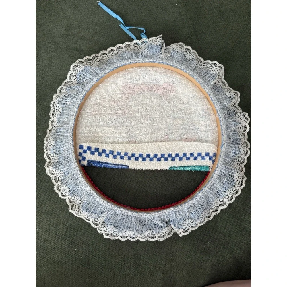 Vintage Fabric Embroidery Hoop Handmade Wall Decor Lace Cottagecore Country Farm